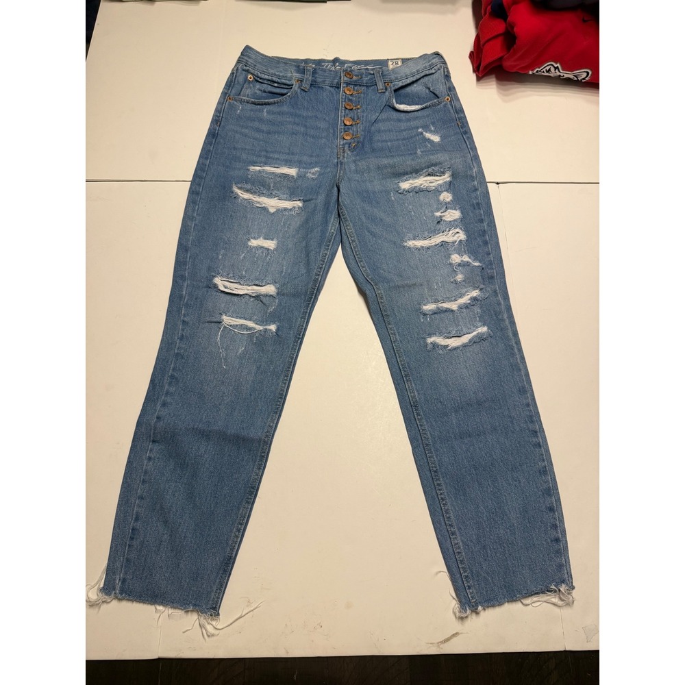 We The Free‎ People High Rise Distressed Straight Leg Jeans Blue 28 Button Fly
